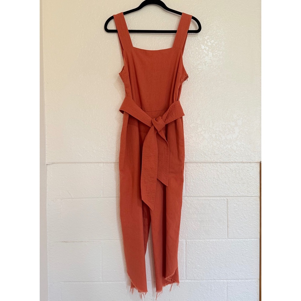 Lucca Jumpsuit Womens M Orange Cotton Hemp Square Neck Belted Raw Hem Boho